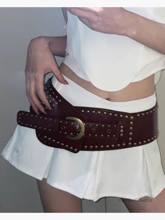 Vintage Studded Rivets Wide Faux Leather Belt Western Chunky Waist Y2k Grunge main image 5